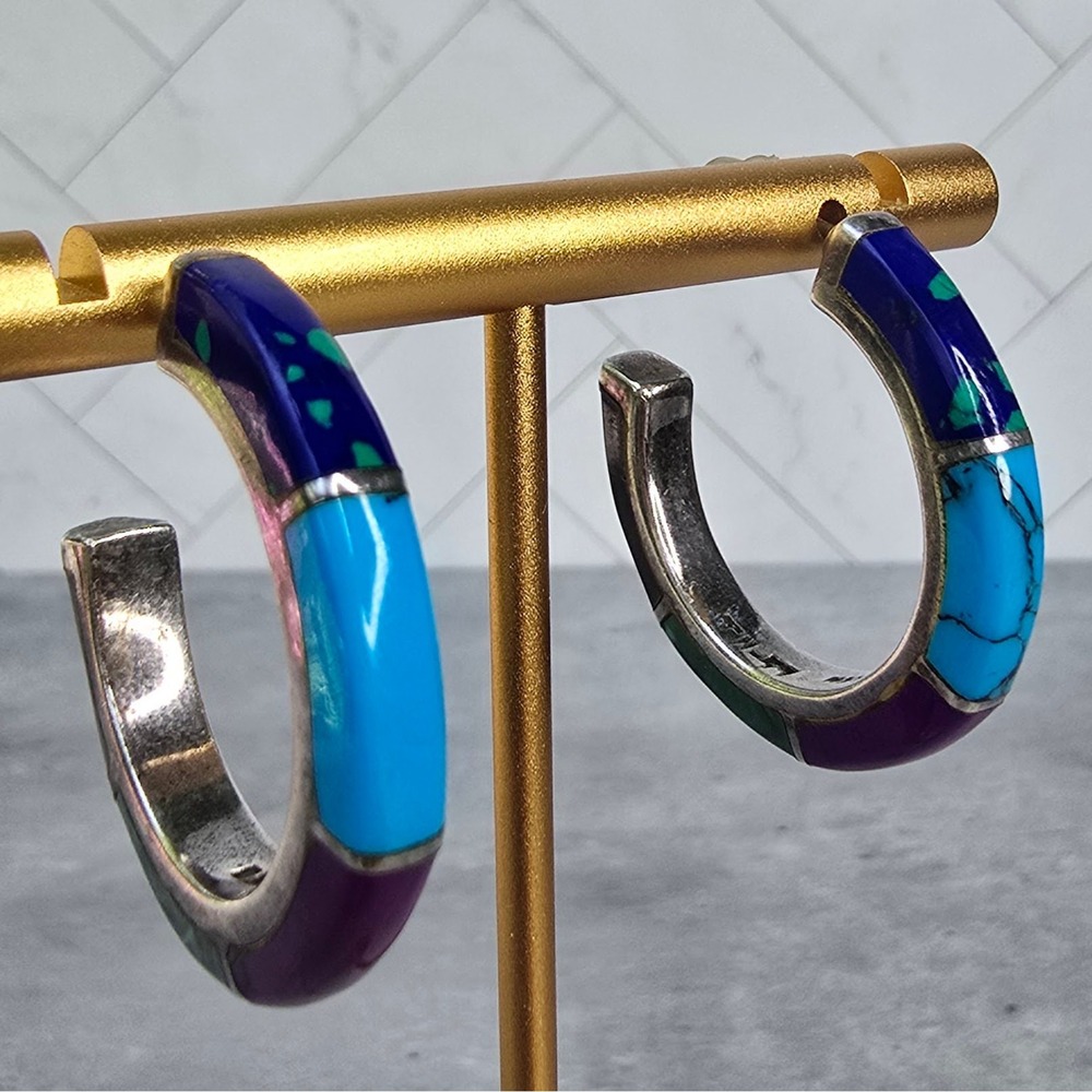 Mexico 950 Silver Multi Stone Inlay Hoop Earrings TN-57 Turquoise Malachite 14g - Picture 2 of 14